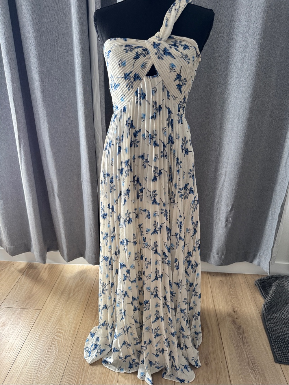 NWT-Pleated One-Shoulder White and Blue Floral Maxi Dress